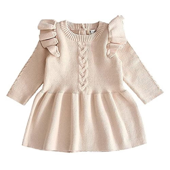 Styles I Love Baby Toddler Girls Knit Sweater Ruffle Long Sleeve Cotton Dress Little Princess Solid Dressy Outfit (Light Beige, 12 Months)