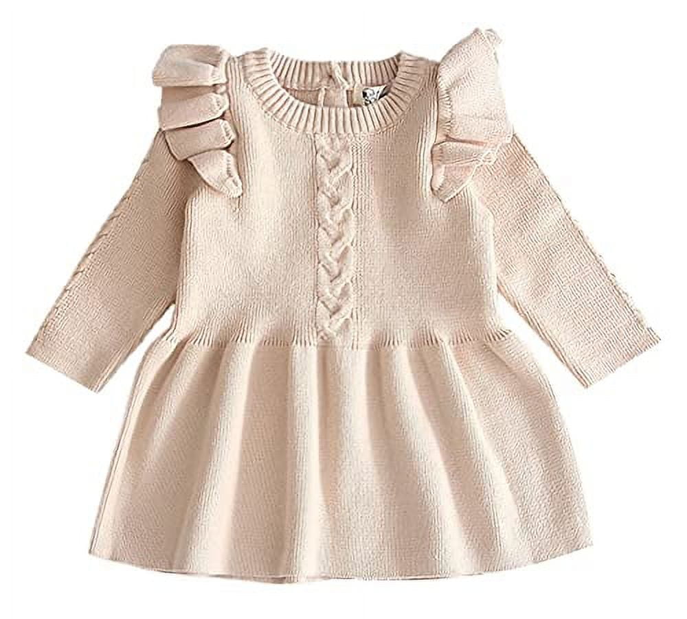 Styles I Love Baby Toddler Girls Knit Sweater Ruffle Long Sleeve Cotton Dress Little Princess Solid Dressy Outfit (Light Beige, 2T)