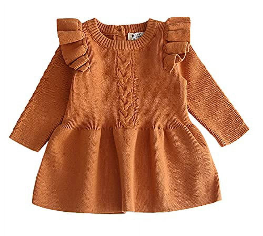 Styles I Love Baby Toddler Girls Knit Sweater Ruffle Long Sleeve Cotton Dress Little Princess Solid Dressy Outfit (Mustard, 3T)