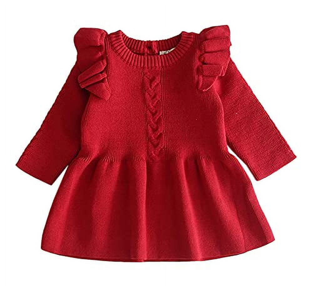 Styles I Love Baby Toddler Girls Knit Sweater Ruffle Long Sleeve Cotton Dress Little Princess Solid Dressy Outfit (Red, 3T)