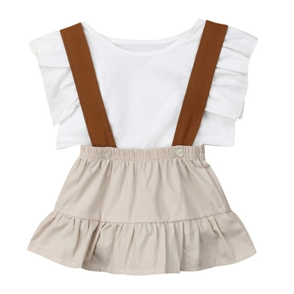 Styles I Love Baby Toddler Girls White Flutter Sleeves Crop Top and Beige Bloomers with Suspender 2pcs Ruffle Cotton Outfit (70/3-6 Months)