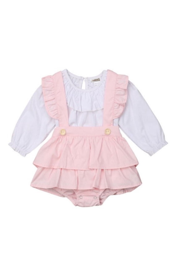 Styles I Love Baby Toddler Girls White Long Sleeves Top and Pink Bloomers with Suspender 2pcs Ruffle Cotton Outfit (110/24-36 Months)