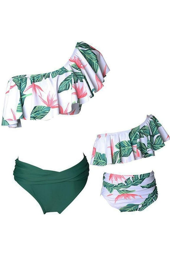 Styles I Love Family Matching Floral Leaf Printed Bikini Swimsuit Pool Water Game Swimwear Beach Bathing Suit for Mom and Daughter (Green Leaf, Mom L)