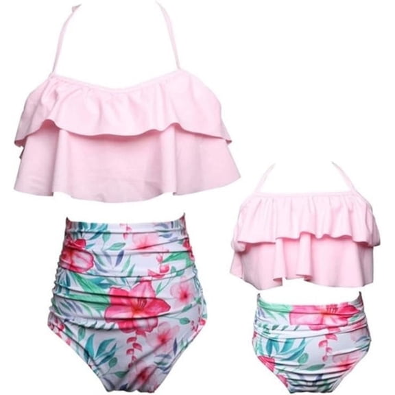 Styles I Love Family Matching Floral Leaf Printed Bikini Swimsuit Pool Water Game Swimwear Beach Bathing Suit for Mom and Daughter (Pink Floral, Mom XL)