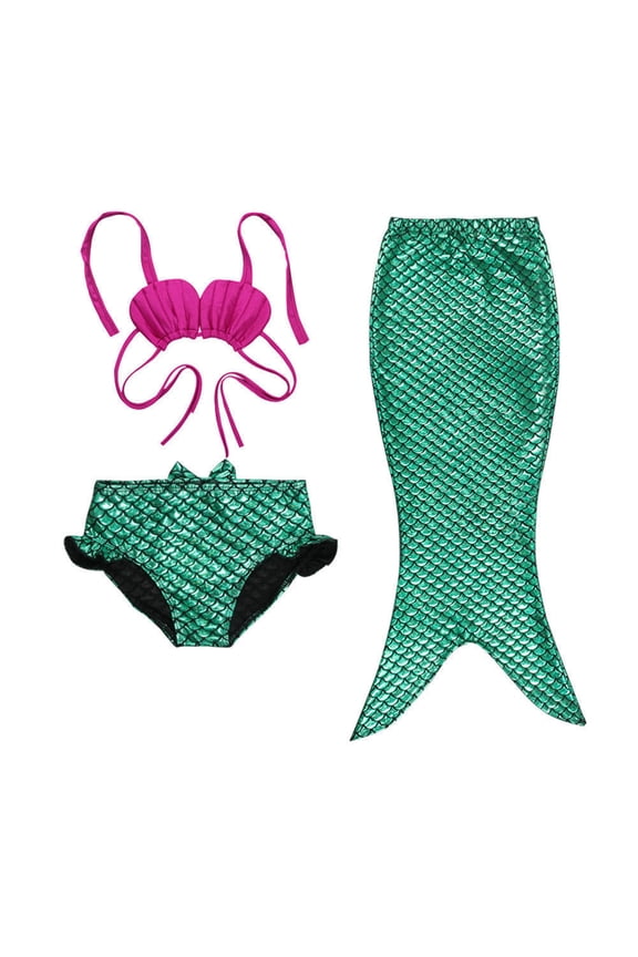 Styles I Love Infant Baby Girl Mermaid Scale Bikini Swimsuit Bathing Beach Pool Party Swimwear (Fuchsia+Green 3pcs Set, 100/3-4 Years)