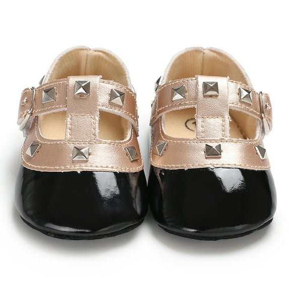 Styles I Love Infant Baby Girl Princess Rivet Studded T-Strap Soft Sole Anti-Silp Crib Shoes Prewalker 0-18M, 4 Colors (6-12 Months, Black)