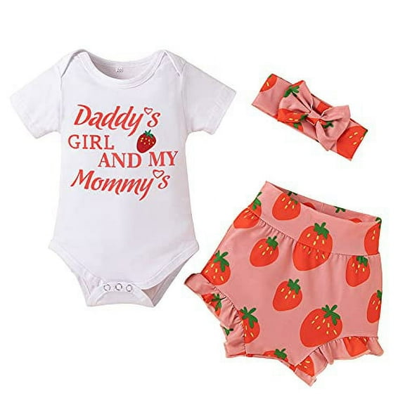 Styles I Love Infant Baby Girls Daddy's Girl and My Mommy's Bodysuit and Ruffle Shorts, Headband 3pcs Short Sleeve Outfit (18 Months, Strawberry)