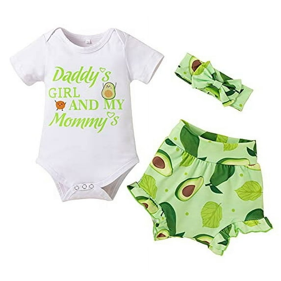 Styles I Love Infant Baby Girls Daddy's Girl and My Mommy's Bodysuit and Ruffle Shorts, Headband 3pcs Short Sleeve Outfit (6 Months, Avocado)
