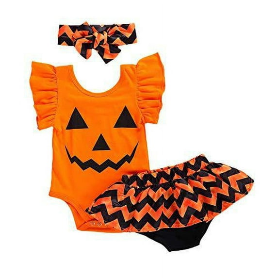 Styles I Love Infant Baby Girls Pumpkin Ruffle Sleeve Bodysuit and Zigzag Satin Skirt with Headband 3pcs Halloween Outfit