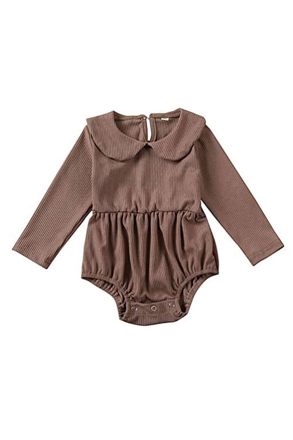 Styles I Love Infant Baby Girls Ribbed Long Sleeve Collar Romper Holiday Autumn Dressy Bodysuit (Brown, 12 Months)