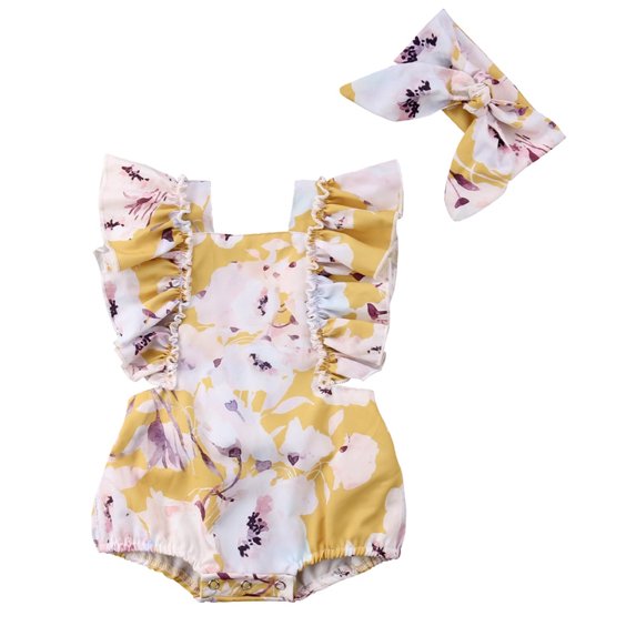 Styles I Love Infant Baby Girls Ruffle Sleeves Flower Printed Cross Open Back Sunsuit Romper and Headband 2pcs Summer Bodysuit Outfit (Floral Yellow, 70/3-6 Months)