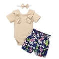 thumbnail image 1 of Styles I Love Infant Baby Girls Short Sleeve Ribbed Ruffle Cotton Romper with Floral Print Shorts and Headband 3pcs Summer Outfit (Ivory, 100/18-24 Months), 1 of 6