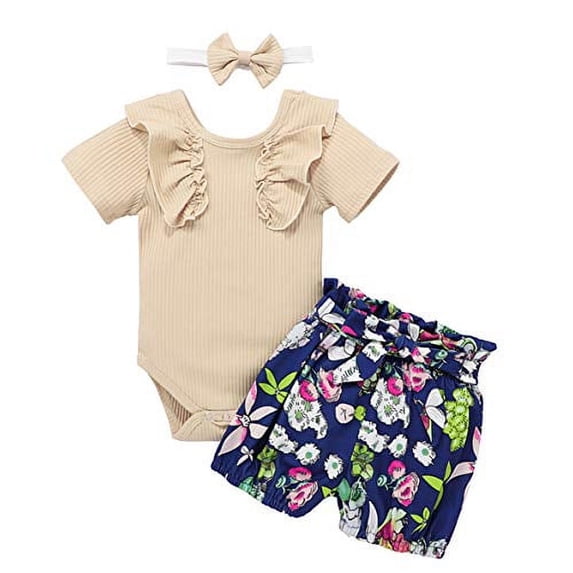 Styles I Love Infant Baby Girls Short Sleeve Ribbed Ruffle Cotton Romper with Floral Print Shorts and Headband 3pcs Summer Outfit (Ivory, 100/18-24 Months)