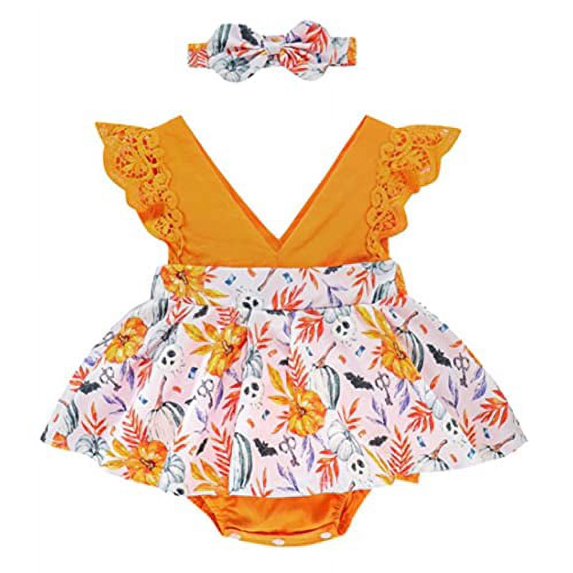 Styles I Love Infant Baby Girls Spooky Pumpkin Lace Sleeveless Romper Dress and Bow Headband 2pcs Halloween Thanksgiving Outfit (Orange, 24 Months)