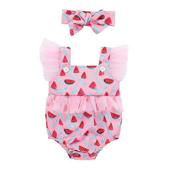 Styles I Love Infant Baby Girls Watermelon Print Tulle Ruffled Romper Sunsuit with Headband 2pcs Set Summer Spring Outfit (90/6-9 Months) Pink
