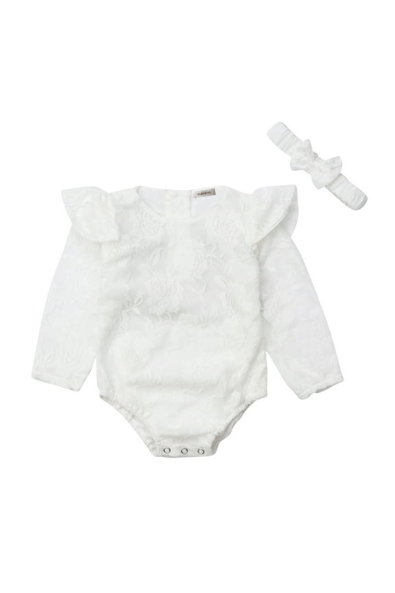 Styles I Love Infant Baby Girls White Floral Lace Long Sleeves Cotton Romper with Headband 2pcs Spring Outfit (90/12-18 Months)