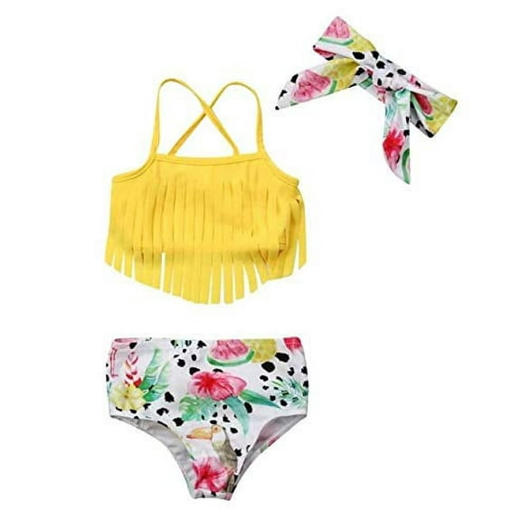 Styles I Love Infant Baby Girls Yellow Fringe Tropcial Bikini Swimsuit Headband Bathing Suit Beach Pool Swimwear 3pcs Set Tropical Yellow 80 3 6 Mont