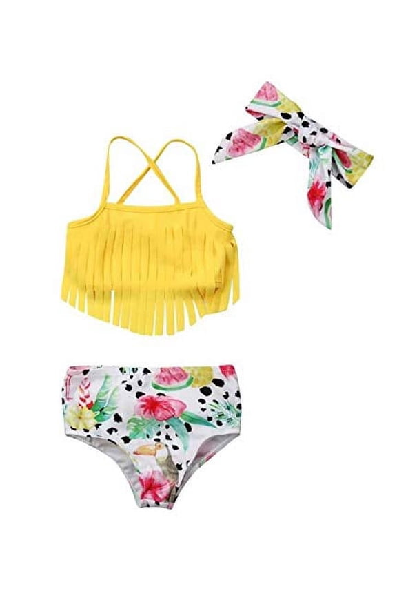 Styles I Love Infant Baby Girls Yellow Fringe Tropcial Bikini Swimsuit Headband Bathing Suit Beach Pool Swimwear 3pcs Set Tropical Yellow 80 3 6 Mont
