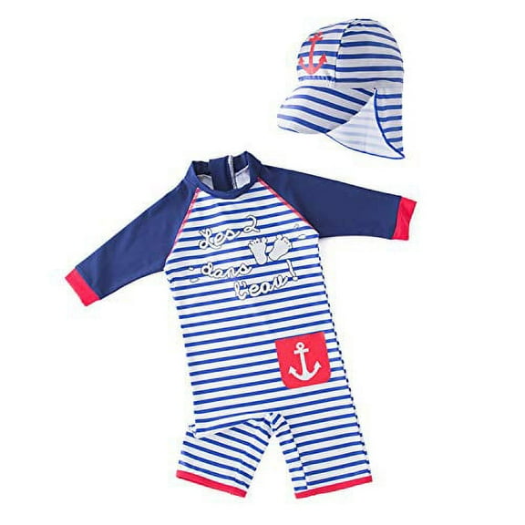Styles I Love Kid Boys Anchor Striped Printed One-Piece Rash Guard with Sun Hat 2pcs Swimsuit Pool Swimwear Beach Bathing Suit (12-18 Months) Blue