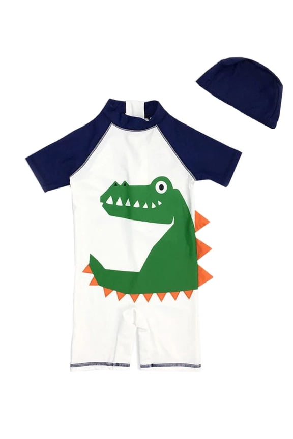 Styles I Love Kid Boys Cute Printed One-Piece Rash Guard with Swim Hat 2pcs Swimsuit Bathing Suit Pool Swimwear (Crocodile White, 4T)