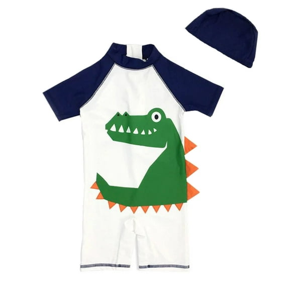 Styles I Love Kid Boys Cute Printed One-Piece Rash Guard with Swim Hat 2pcs Swimsuit Bathing Suit Pool Swimwear (Crocodile White, 4T)
