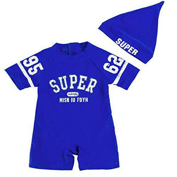Styles I Love Kid Boys Cute Printed One-Piece Rash Guard with Swim Hat 2pcs Swimsuit Bathing Suit Pool Swimwear (Letter Printed Blue, 80/6-12 Months)