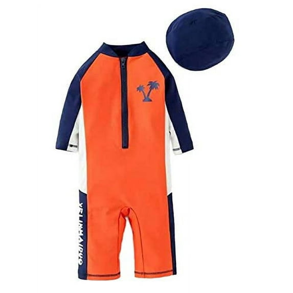 Styles I Love Kid Boys Plam Tree Orange Long Sleeve One-Piece Zipper Rash Guard Swimsuit with Swim Hat 2pcs Beach Swimwear (12-18 Months)