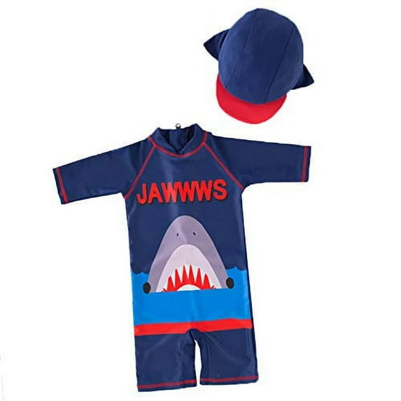 Styles I Love Kid Boys Shark Printed One-Piece Rash Guard with Sun Hat 2pcs Swimsuit Pool Swimwear Beach Bathing Suit (120/3T) Navy Blue