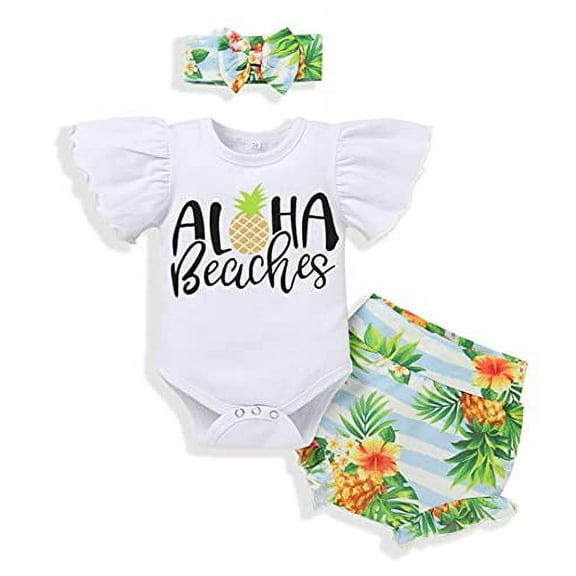 Styles I Love Kid Girls Aloha Beaches Pineapple Flutter Sleeve Bodysuit and Ruffle Shorts, Headband 3pcs Summer Outfit (18 Months) White
