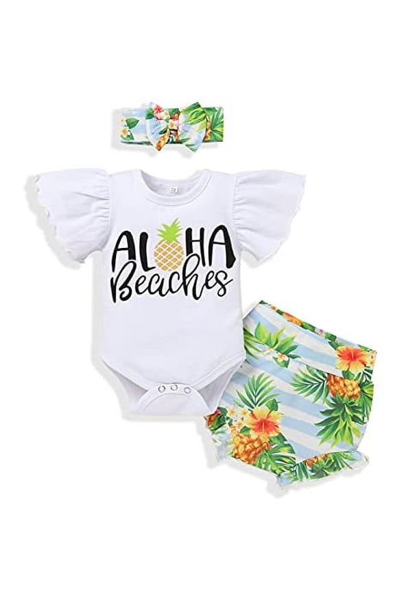 Styles I Love Kid Girls Aloha Beaches Pineapple Flutter Sleeve Bodysuit and Ruffle Shorts, Headband 3pcs Summer Outfit (3 Months) White