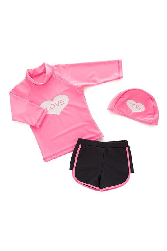 Styles I Love Kid Girls Chic Rash Guard Swimsuit Pool Party Swim Wear Beach Bathing Suit ( Love Hot Pink 3pcs, 6)
