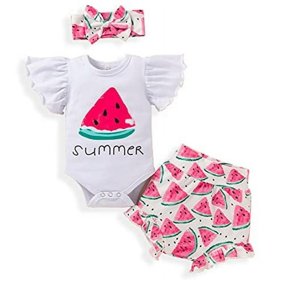 Styles I Love Kid Girls Summer Watermelon Flutter Sleeve Bodysuit and Shorts, Headband 3pcs Ruffle Outfit (6 Months) White