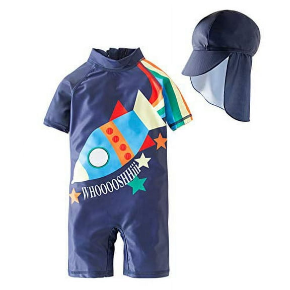 Styles I Love Little Boys Rocket Rainbow One-Piece Rash Guard Swimsuit with Sun Hat 2pcs Navy Bathing Suit Beach Swimwear