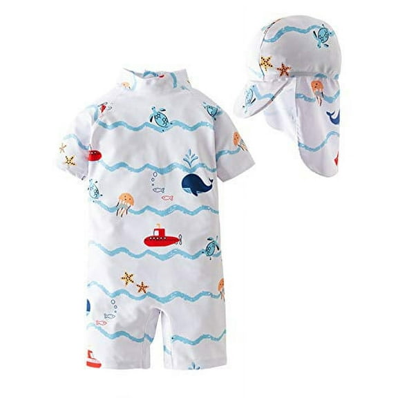 Styles I Love Little Boys Sea Animals Print One-Piece Rash Guard Swimsuit with Sun Hat 2pcs Set Bathing Suit Beach Swimwear (4T) White