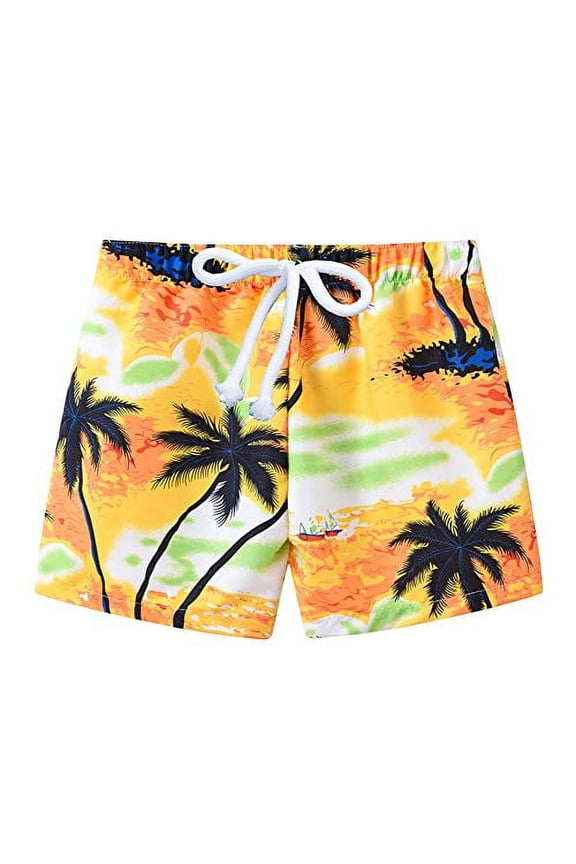 Styles I Love Little Boys Tropical Palm Tree Print Swim Shorts Bathing Suit Beach Pool Boy Swim Trunks (Yellow, 100/1-2 Years)