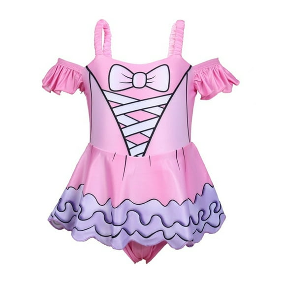 Styles I Love Little Girl Pink Cartoon Doll Ruffle One-Piece Swimsuit Bathing Suit Beach Pool Swimwear (110/3-4 Years)