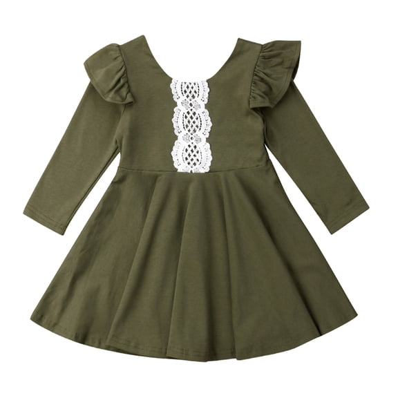Styles I Love Little Girls Army Green Long Sleeves Cotton Pleated Dress Spring Autumn Outfit (100/3-4 Years)