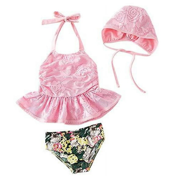 Styles I Love Little Girls Floral Lace Bikini Swimsuit with Sun Hat 3pcs Pink Bathing Suit Beach Swimsuit