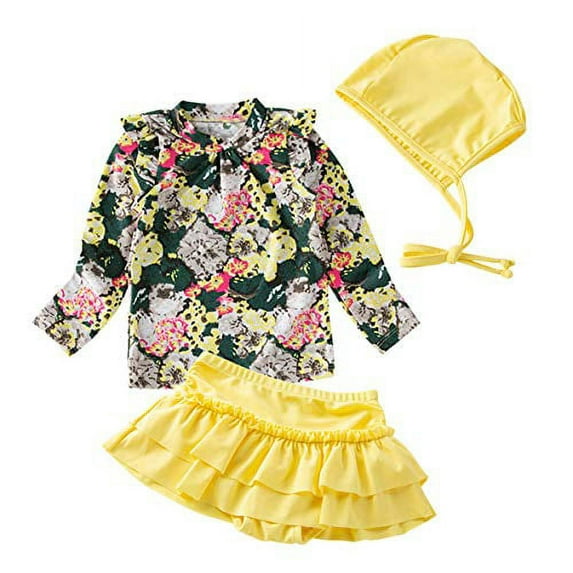 Styles I Love Little Girls Floral Print Rash Guard and Ruffle Bottoms with Swim Hat 3pcs Swimsuit Bathing Suit Beachwear (Yellow, 4T)