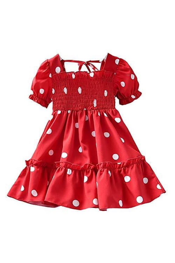 Styles I Love Little Girls Short Sleeve Polka Dots Print Ruffle Smocked Dress, 2 Colors ( Red, 90/1-2 Years)