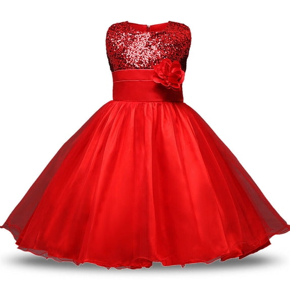 Styles I Love Little Kid Girls Sleeveless Sequin Tulle Flower Girl Dress Wedding Pageant Party Dresses 2-8Y, 5 Colors (Red, 150/6-7 Years)