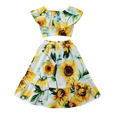 Styles I Love Little Kid Girls Sunflower Off Shoulder Crop Top and Skirt 2pcs Cotton Summer Outfit (120/6-7 Years)
