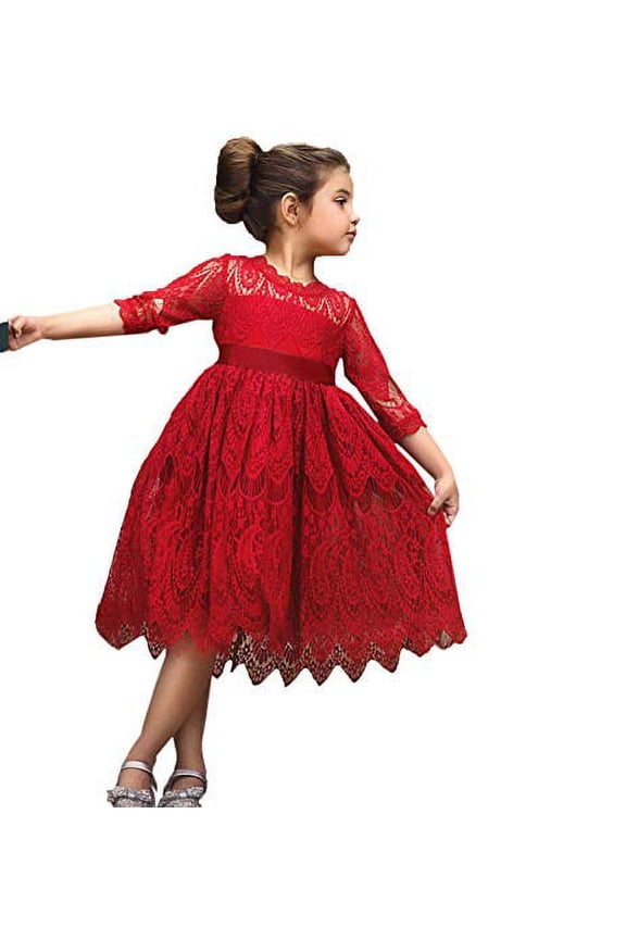 Styles I Love Princess 3/4 Sleeve Midi Length Floral Lace A-line Wedding Dress Flower Girl Pageant Party Clothes (Red, 140/6-7 Years)
