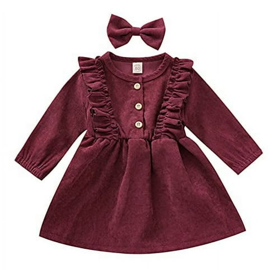 Styles I Love Toddler Girls Buttons Ruffle Long Sleeve Solid Corduroy Dress with Bow Hair Clip 2pcs Fall Winter Dressy Outfit (Burgundy, 24 Months)