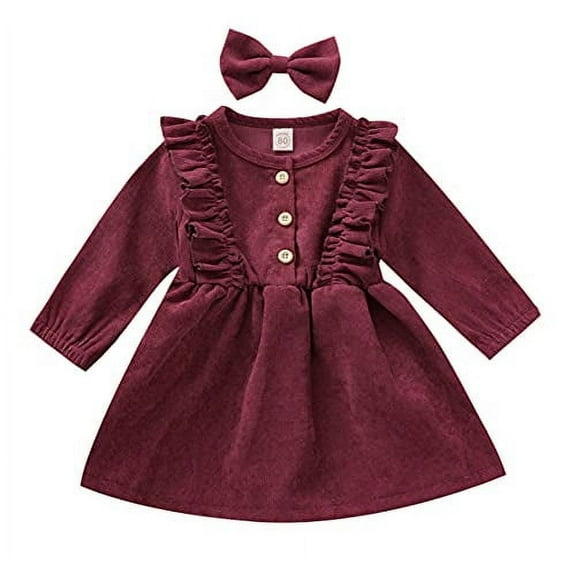 Styles I Love Toddler Girls Buttons Ruffle Long Sleeve Solid Corduroy Dress with Bow Hair Clip 2pcs Fall Winter Dressy Outfit (Burgundy, 24 Months)