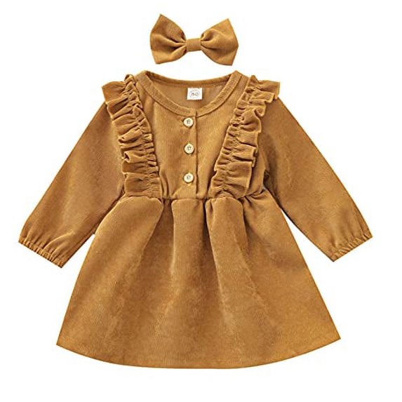 Styles I Love Toddler Girls Buttons Ruffle Long Sleeve Solid Corduroy Dress with Bow Hair Clip 2pcs Fall Winter Dressy Outfit (Mustard, 4T)