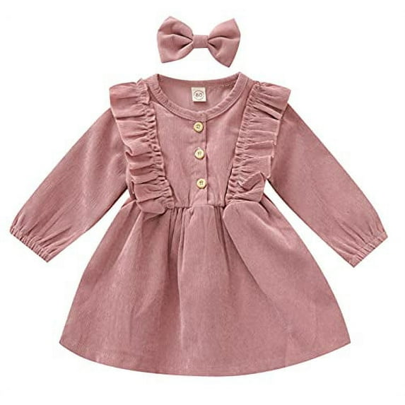 Styles I Love Toddler Girls Buttons Ruffle Long Sleeve Solid Corduroy Dress with Bow Hair Clip 2pcs Fall Winter Dressy Outfit (Pink, 4T)
