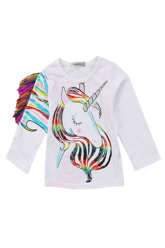 Styles I Love Toddler Girls Rainbow Unicorn Fringe Mane Long Sleeves Graphic Tee Shirt (110/4-5 Years)