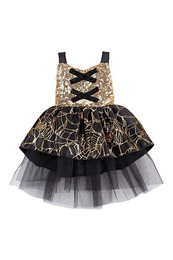 Styles I Love Toddler Girls Sleeveless Gold Sequin Spiderweb Tulle Dress Halloween Birthday Party Dress
