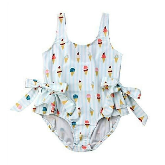 Styles I Love Toddler Girls Sweet Ice Cream Bowknot Ruffled One-Piece Swimsuit Multicolored Bathing Suit Beach Swimwear (90/12-18 Months)